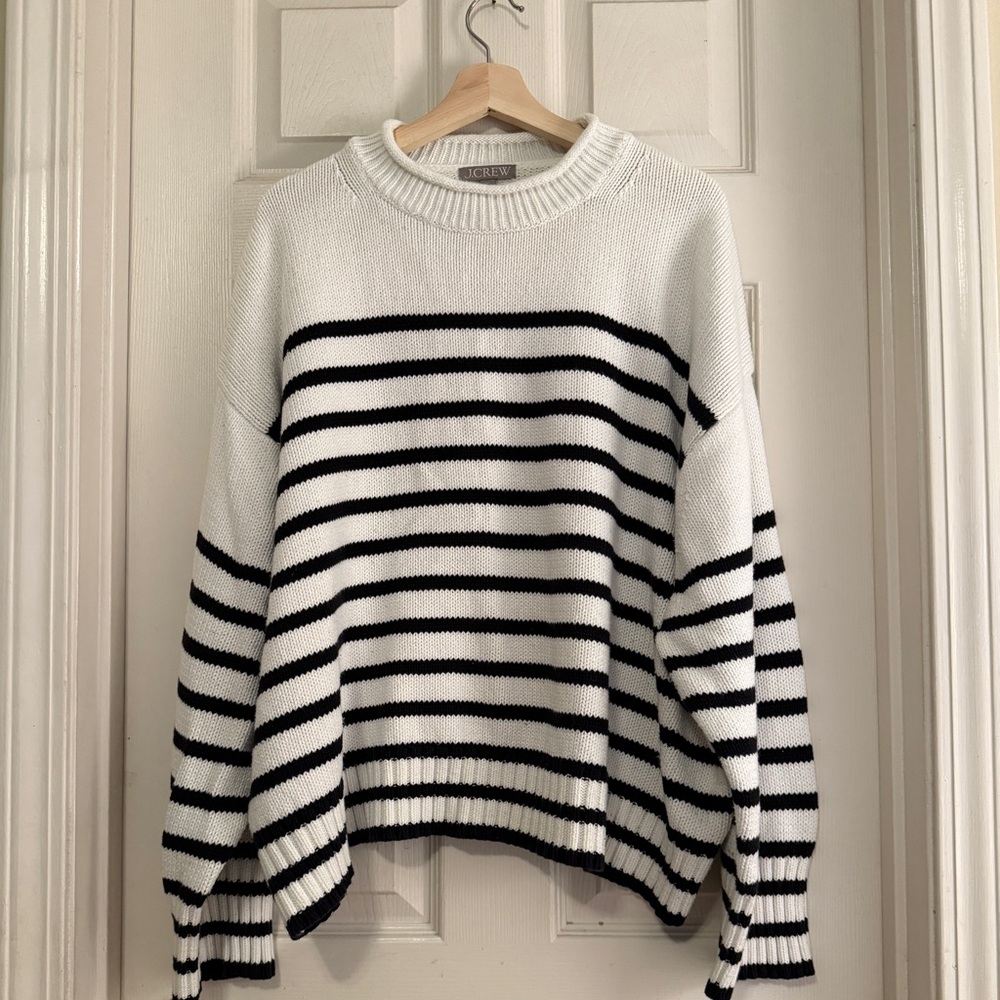 J.Crew cotton cropped roll neck sweater in black and white stripe.